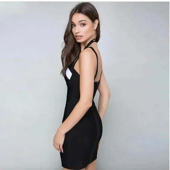 🖤 Bebe Black White Colorblock Strappy Halter Bustier Bodycon Bandage Mini Dress - Picture 2 of 12